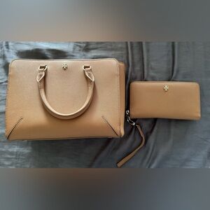 Caramel Brown TORY BURCH satchel bag and matching wallet set.